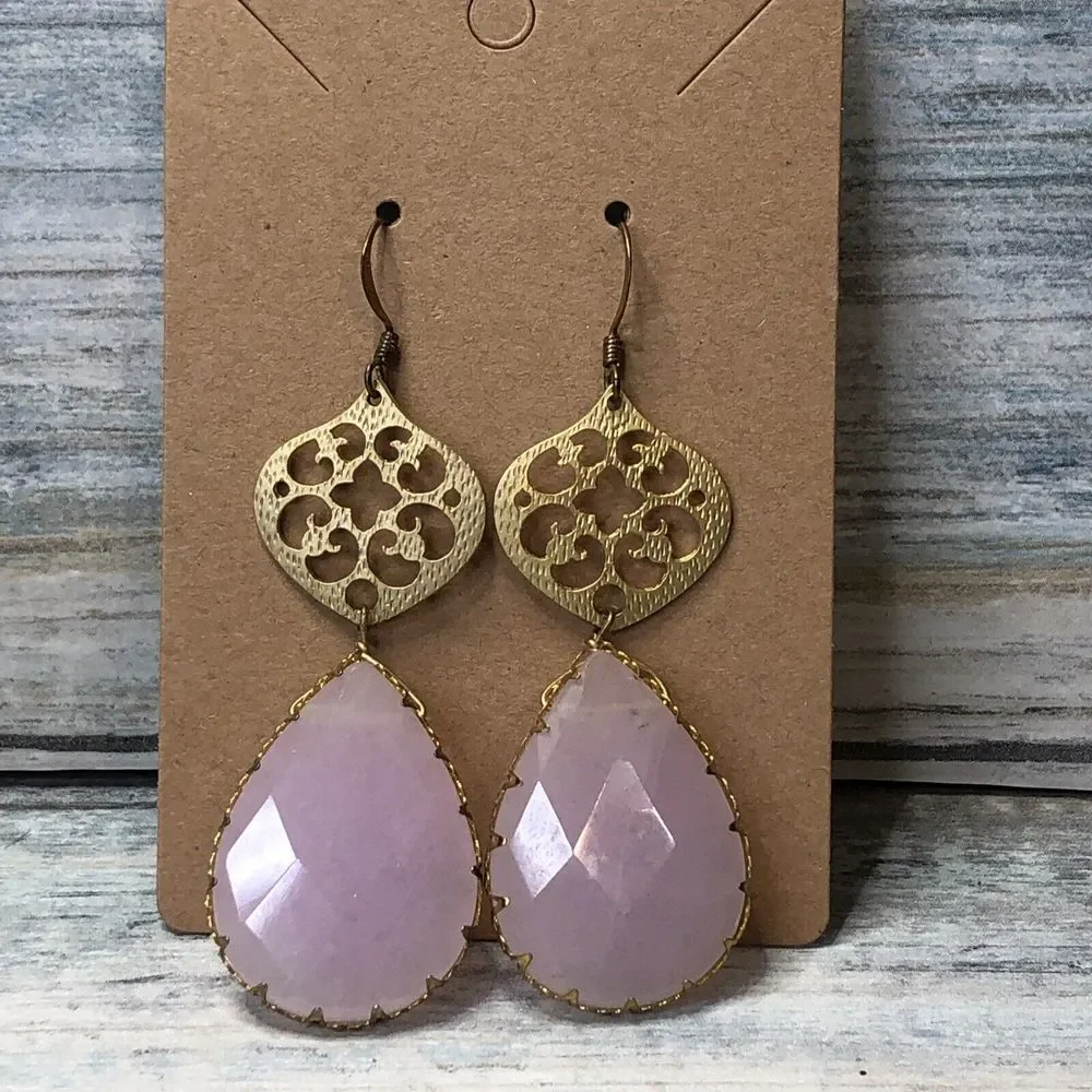 Pink Jadeite Gold Tone Filigree Earrings Dangle Drop‎